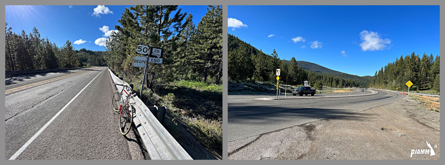 bike parked on roadside at start of four mile descent