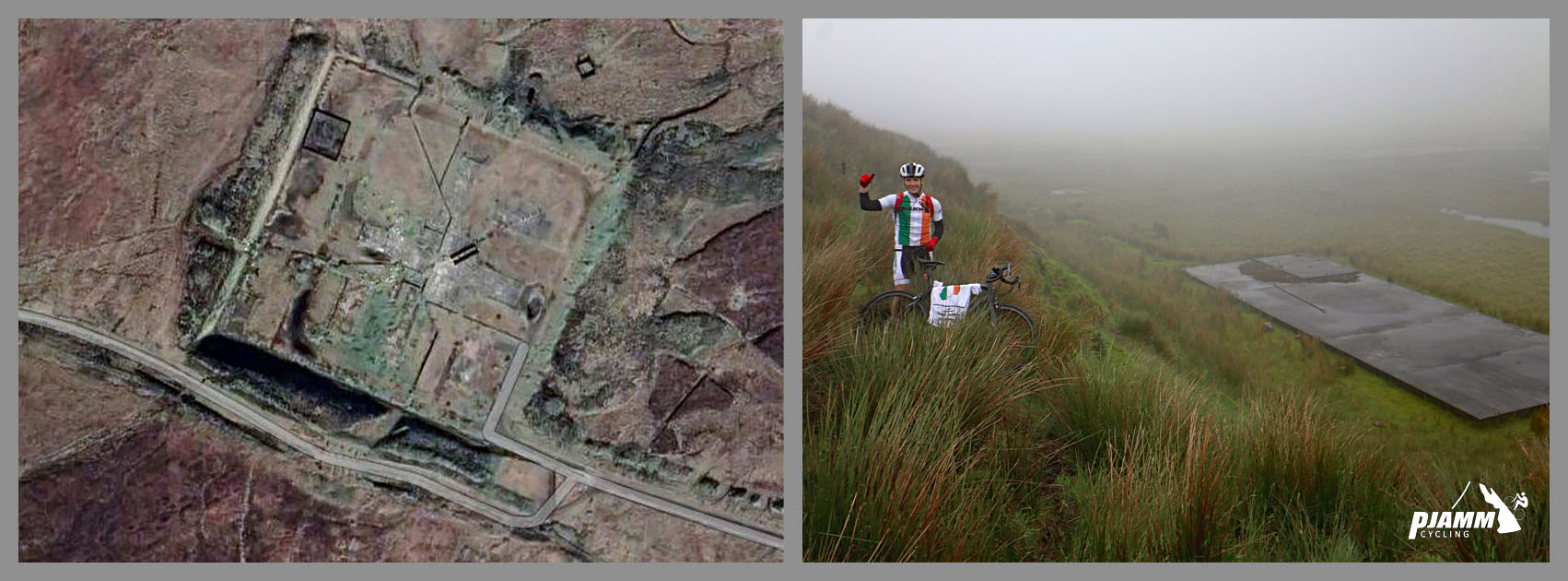 Google satellite view of the old USA Military base st Bernbradagh; PJAMM Cyclist standing in tall grass looking down over remains of base