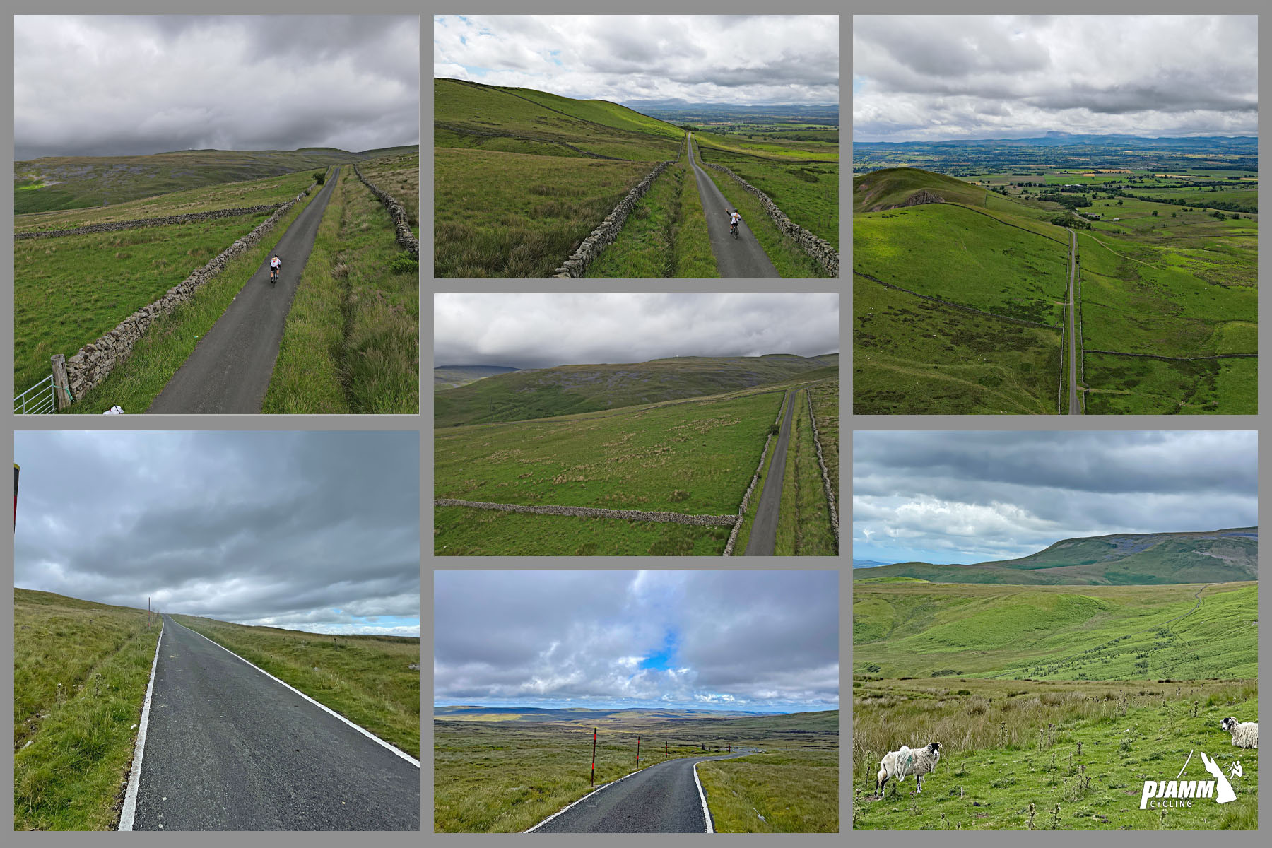 photo collage shows straight portions of newly paved roadway, green pasturelands with sheep grazing