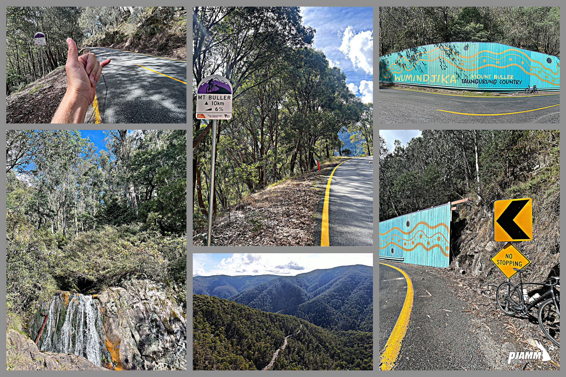 views along the climb including roadside waterfalls, thick forestation, and a long bright turquoise fence along the roadway