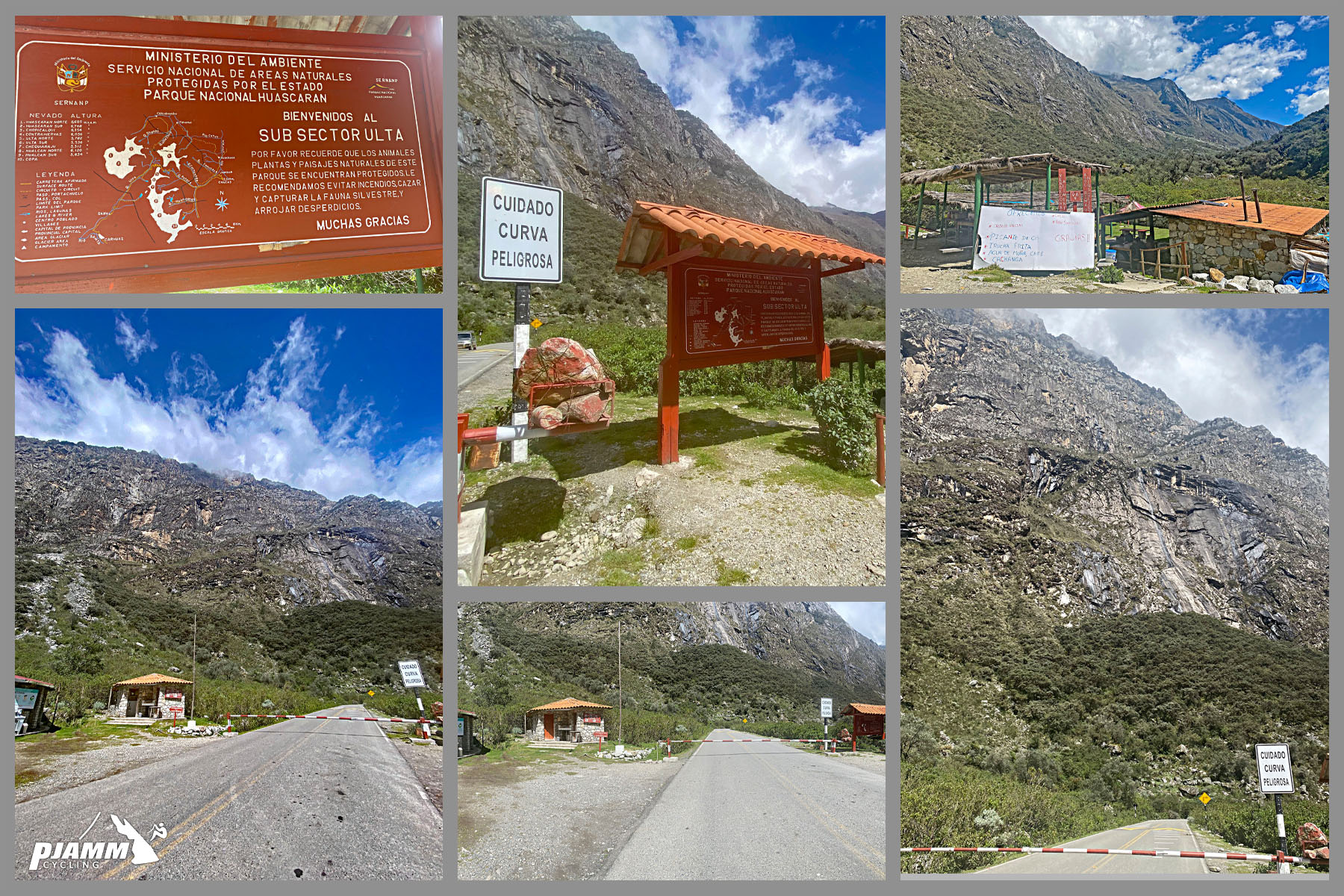 photo collage shows informational signs and the entrance to Huascaran Nacional Park