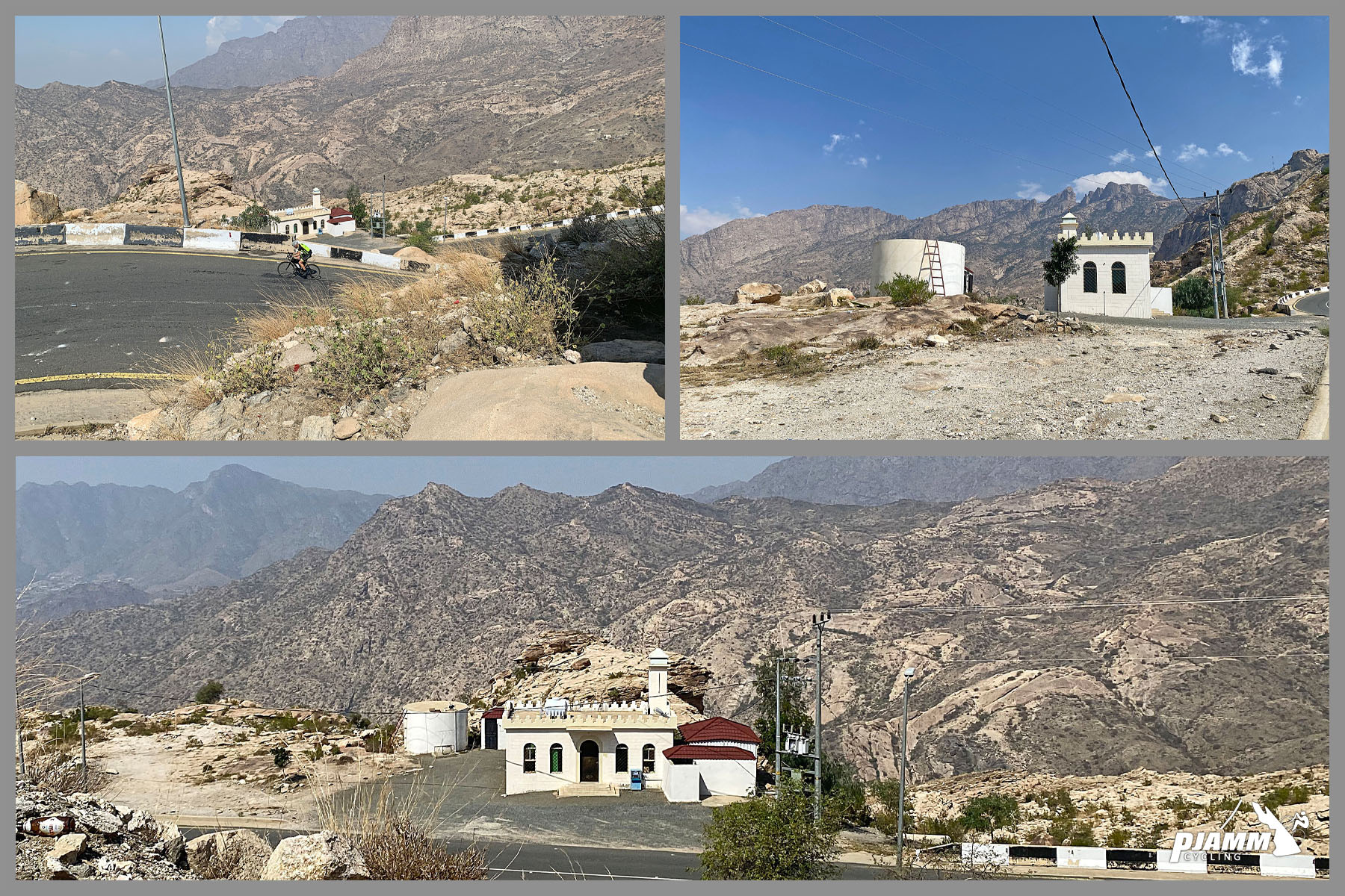 Cycling Parmah Pass, Saudi Arabia  - small white mosque next to roadside