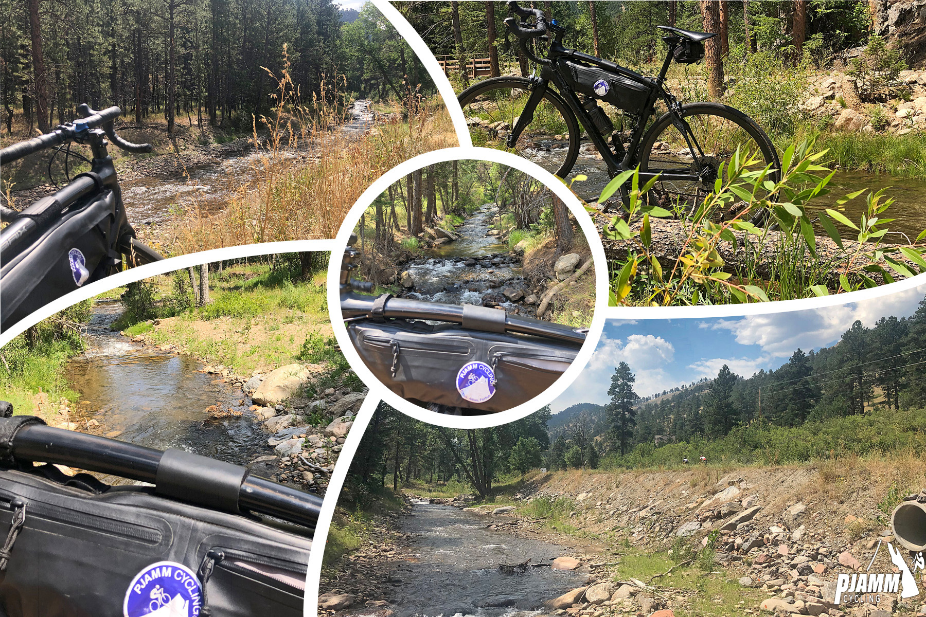 Cycling Left Hand Canyon, Boulder, Colorado - photo collage, PJAMM Cycling logo in corner, bike parked along creekside