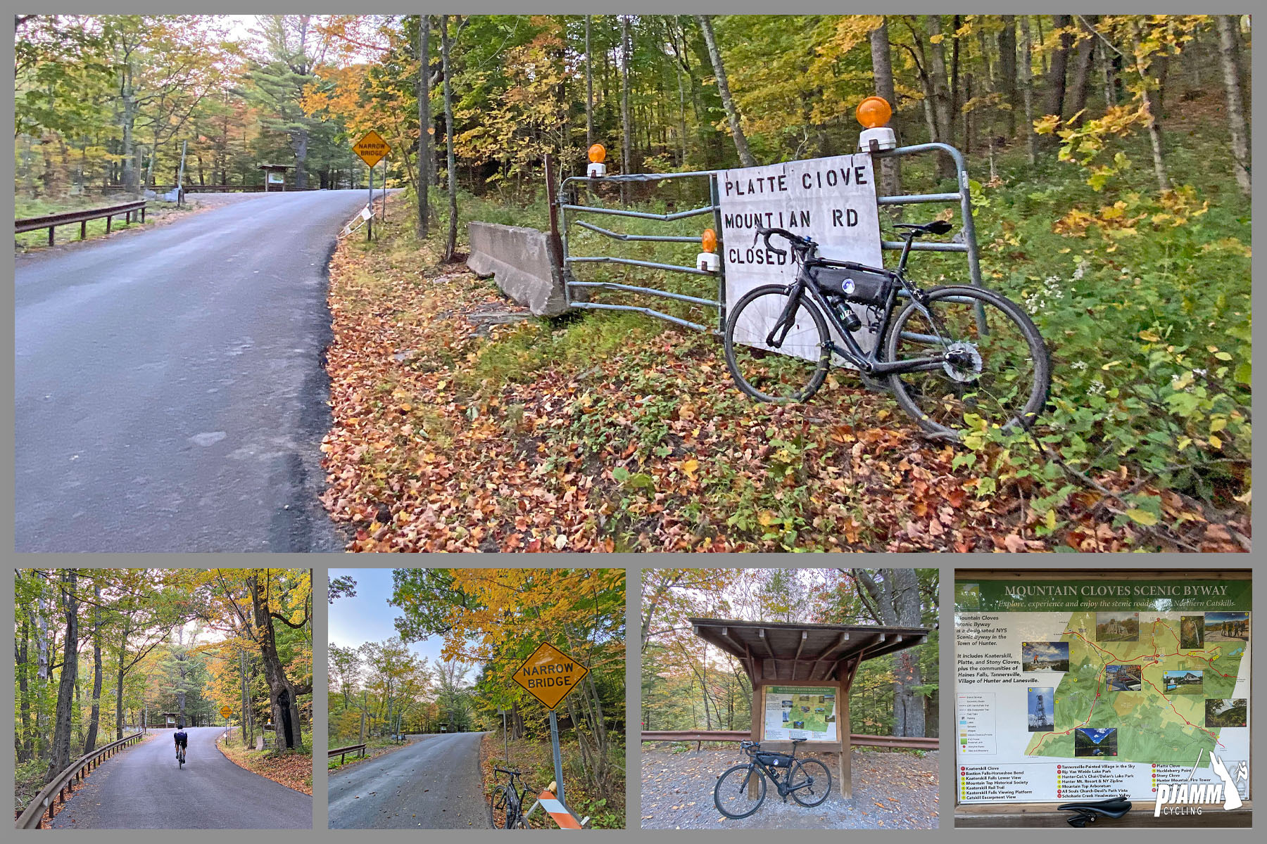Devil's Kitchen - Platte Clove Road - photo collage, bike parked in front of gate surrounded by fall foliage, bike parked at informational signs at climb's finish, fall foliage, PJAMM Cycling logo in corner