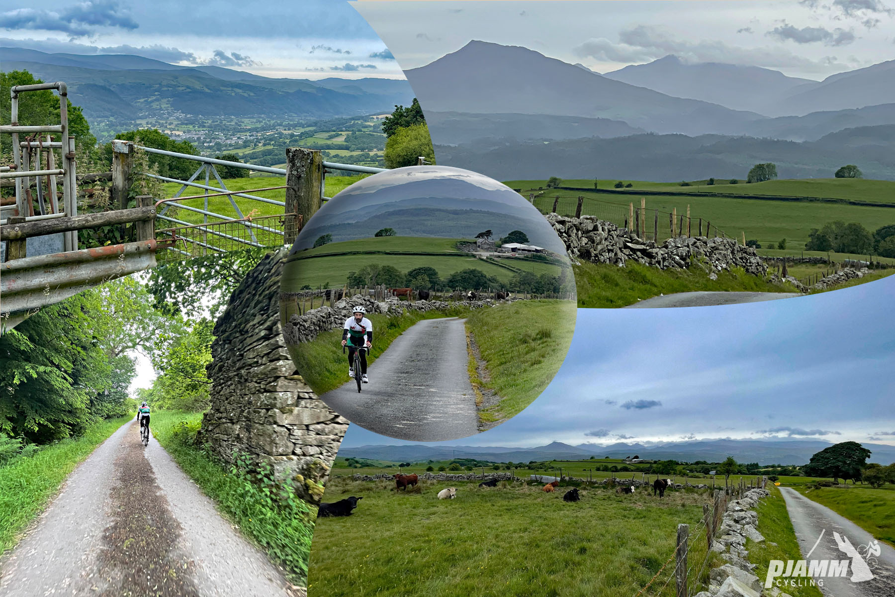 photo collage of PJAMM Cyclist riding along one-lane country roadway, pastureland, stone buildings