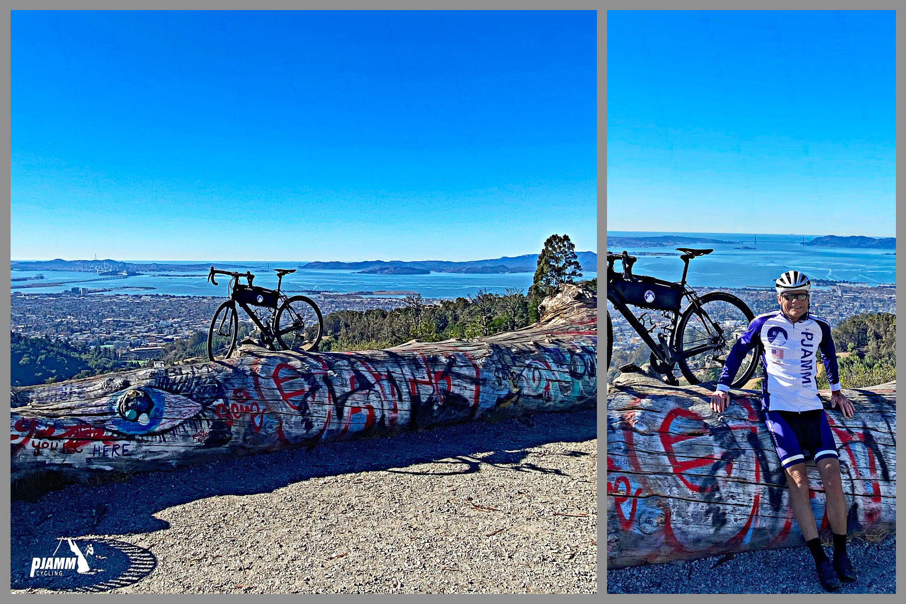 Cycling Claremont to Grizzly Peak, California - bike parked atop large, graffiti covered fallen log overlooking bay area views