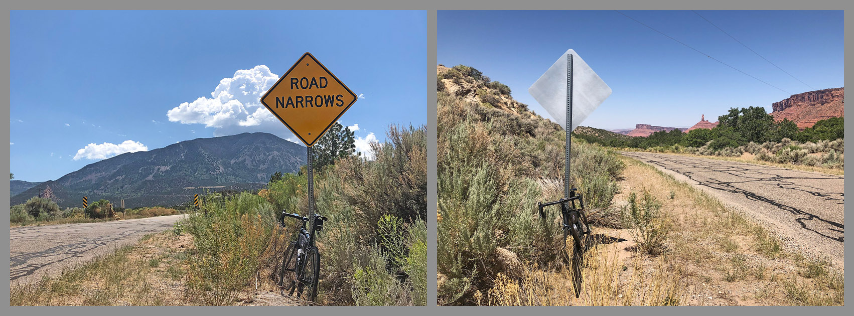 Cycling La Sal Loop Road at Castle Valley - bike parked in scrub brush next to "Road Narrows" road sign 
