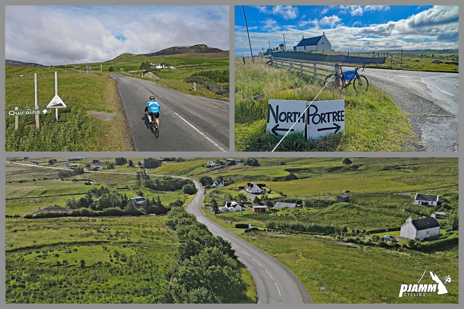 photo collage of climb's start, hand painted signs for "North," and "Portree," PJAMM Cycliston two-lane roadway surrounded by green pasturelands, quaint country buildings