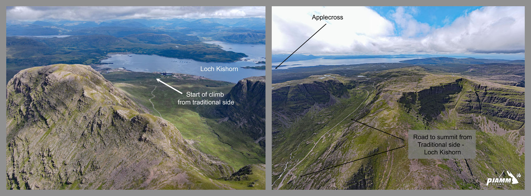 aerial drone views show climb overview from Applecross Road and the traditional start