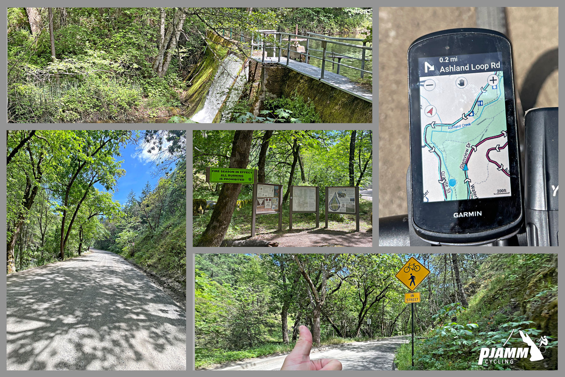 Cycling Mt. Ashland, Oregon via Loop Road: photo  collage shows views of Ashland Loop Road, lush green roadway, bold bridge, garmin device