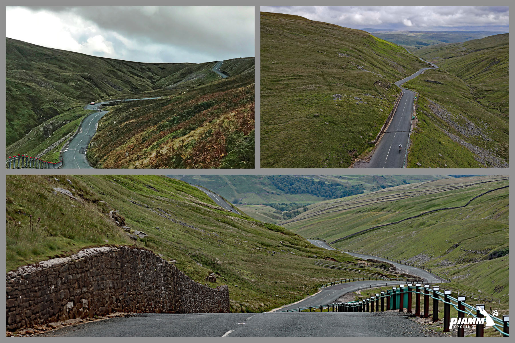 photo collage shows top of steepest section of roadway, green hillsides