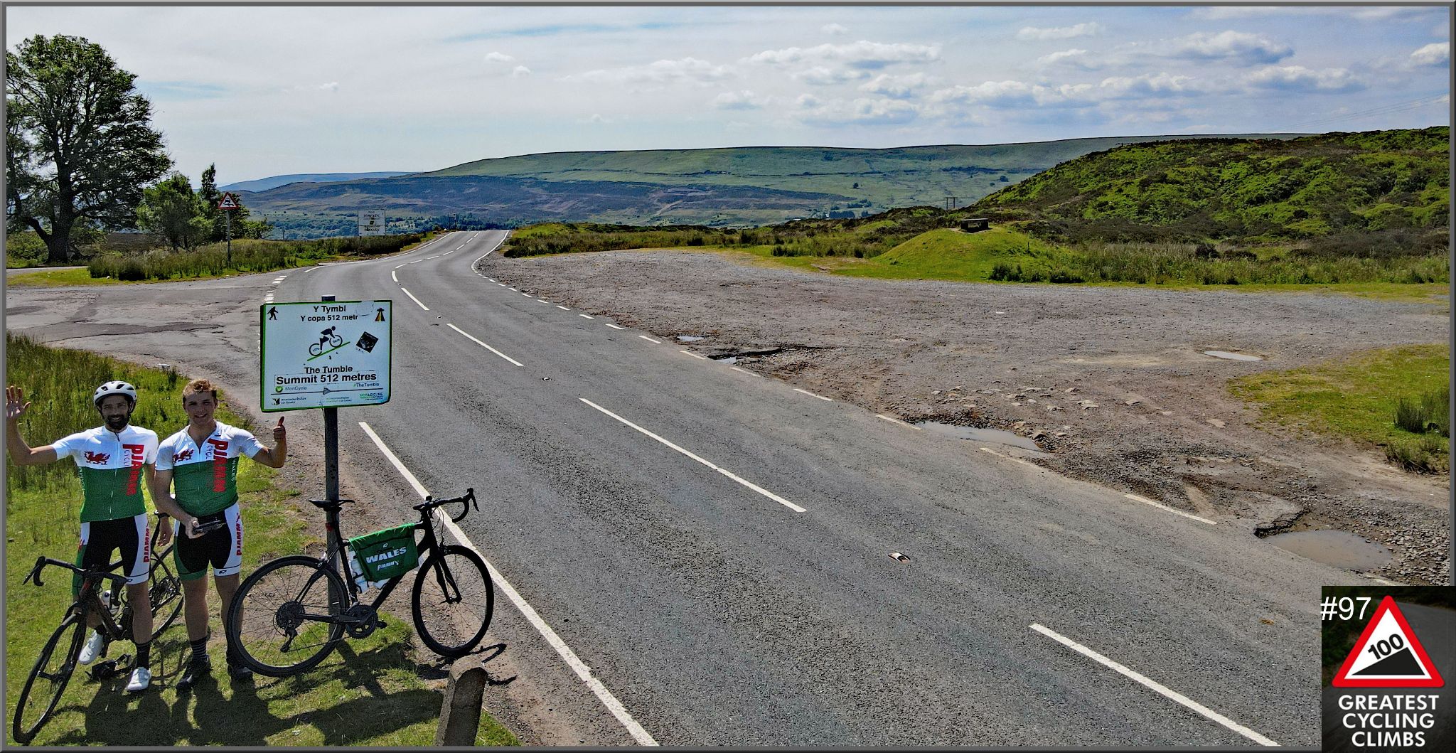 two PJAMM Cyclists stand with bikes next to biking road sign and gives thumbs up 