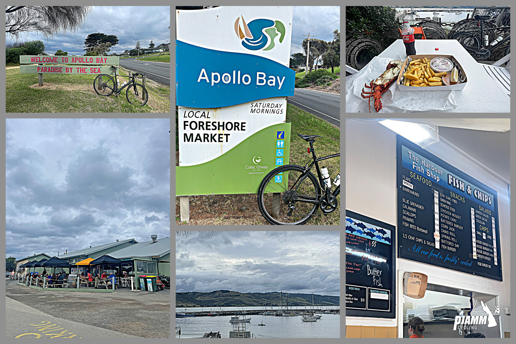 photo collage shows Apollo Bay, Harbor Fish Shop, boats in harbor, sing for foreshore marker