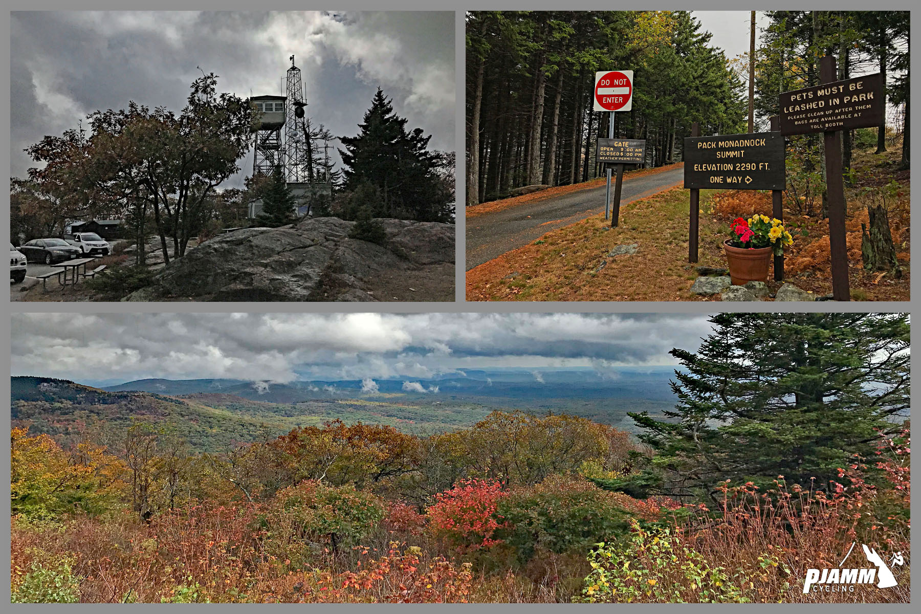 Cycling Pack Monadnock, New Hampshire - fall foliage down hillside, sign for Pack Monadnock Summit