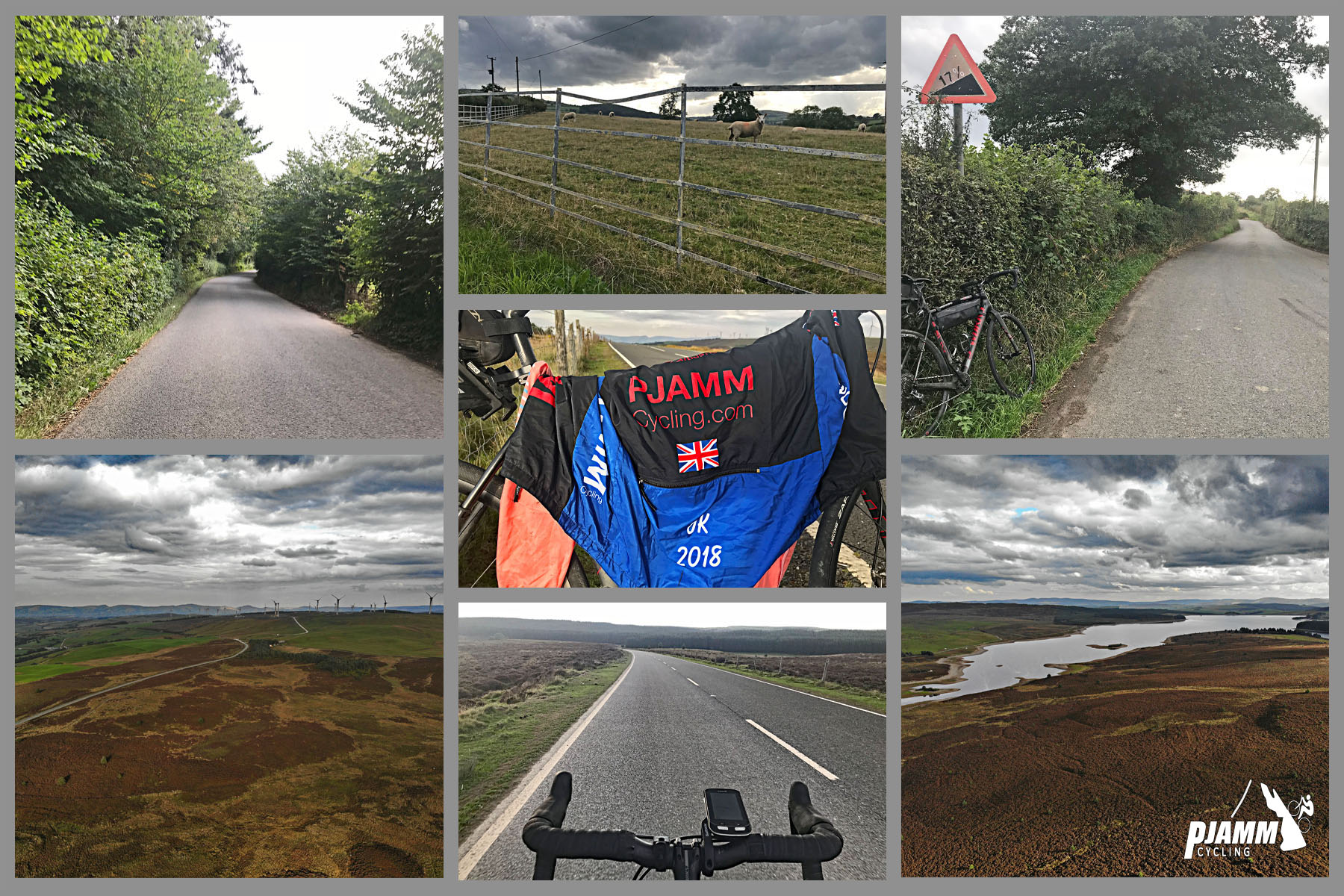Cycling The Road to Hell, Wales - stretches of pastureland, bike along two-lane roadway, aerial views of pastures and wetlands, 17% grade road sign, PJAMM Cycling logo in corner