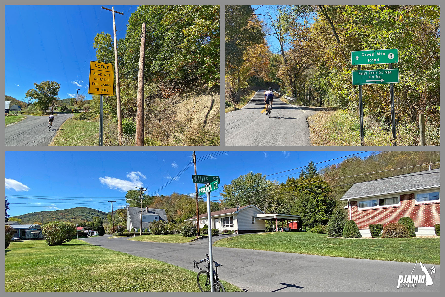 Cycling Woodland Lane, West Virginia - climb start in Keyser, West Virginia, PJAMM Cycling logo in corner