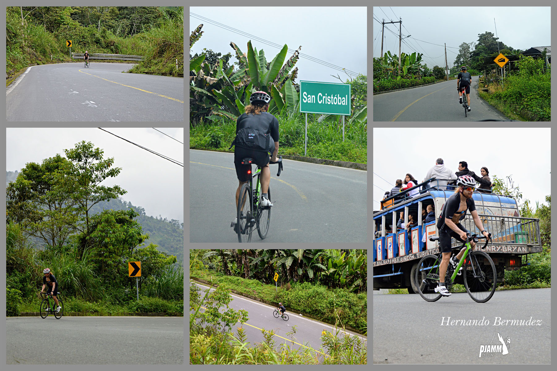 photo collage; PJAMM cyclist riding on smooth paved two-lane roadway through lush tropical setting; riding past road sign for San Cristobal; riding past large double decker bus