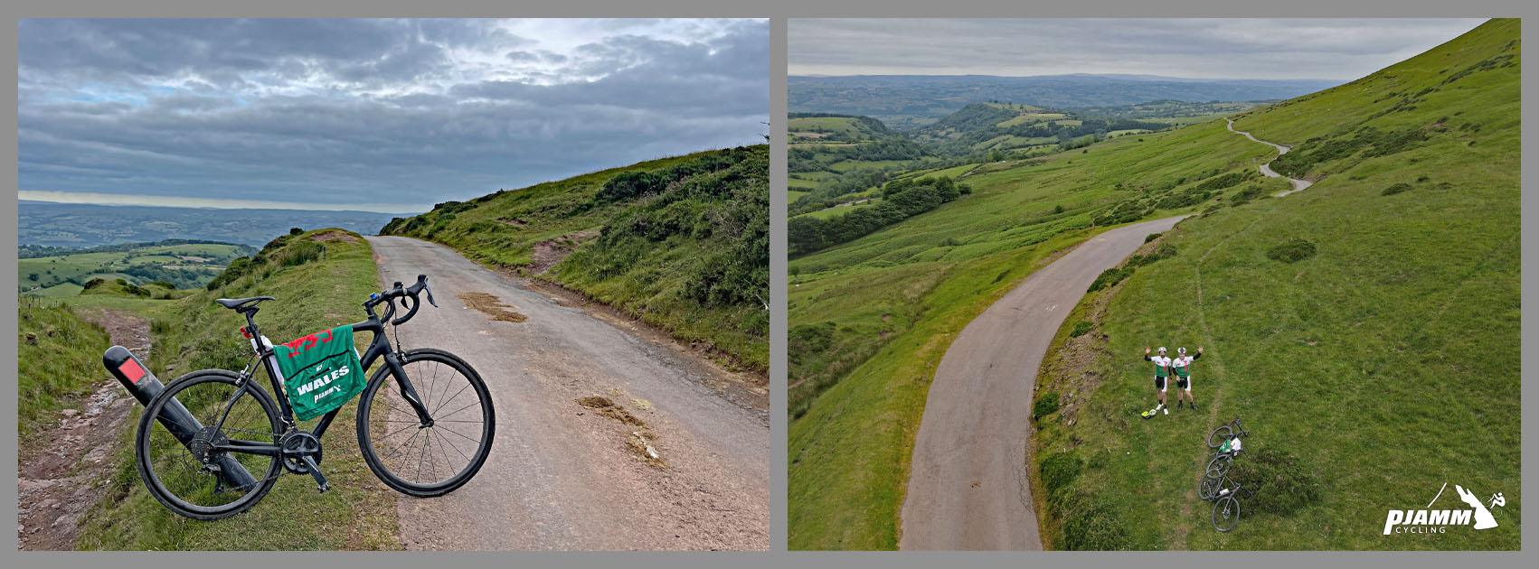 Cycling Gospel Pass North, Wales aerial drone view of PJAMM Cyclists waiving at climb finish