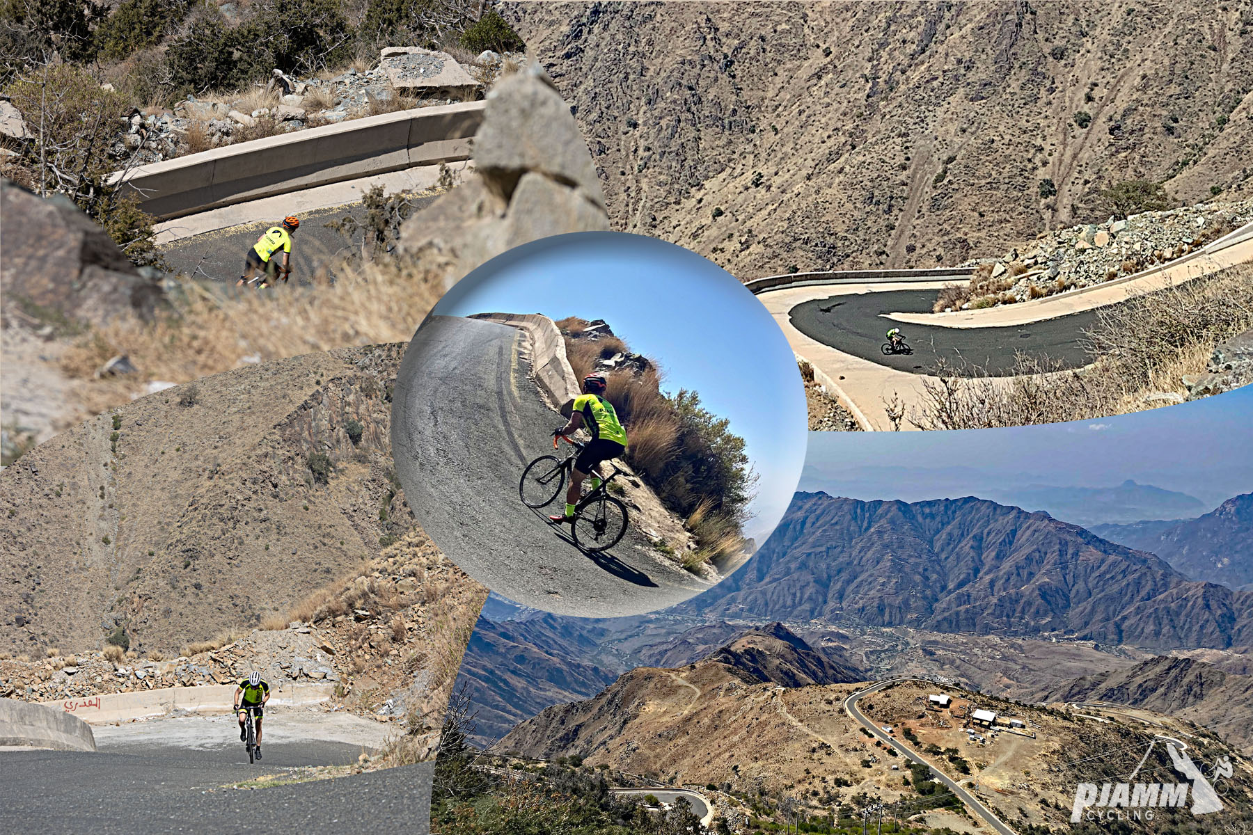 Al Jaada Pass, Asir Mountains, Saudi Arabia - photo collage shows PJAMM Cyclists climbing in stark mountain landscape