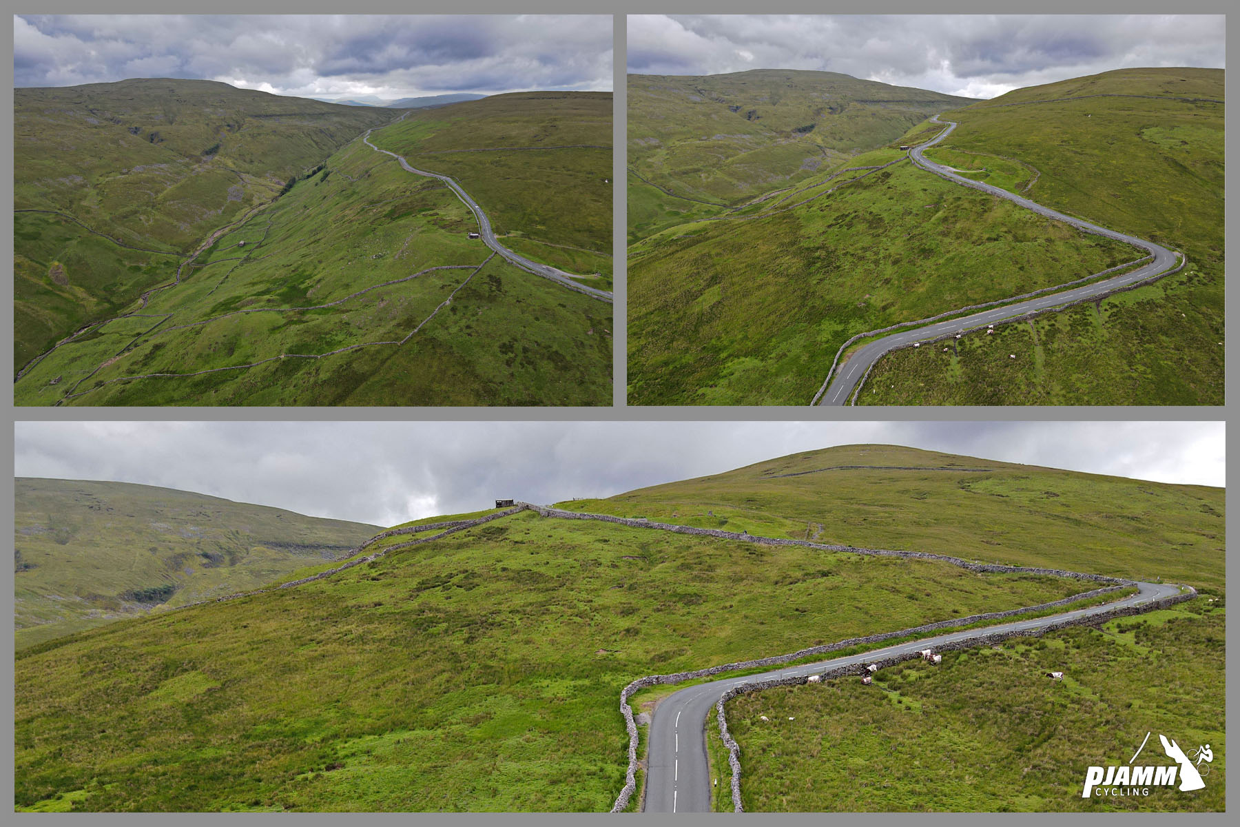 aerial drone views of two-lane stone-lined roadway snaking up hillside