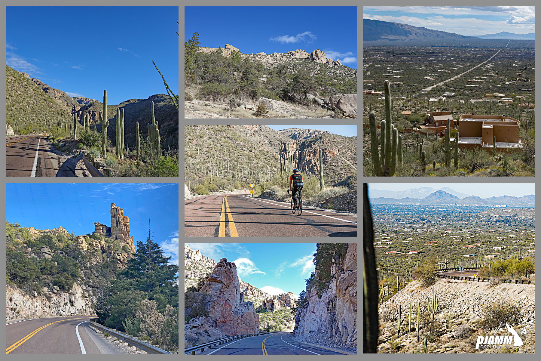 Cycling Mt. Lemmon, Arizona - views along the climb, two-lane highway surrounded by saguaro cacti, desert landscape, PJAMM Cycling logo in corner