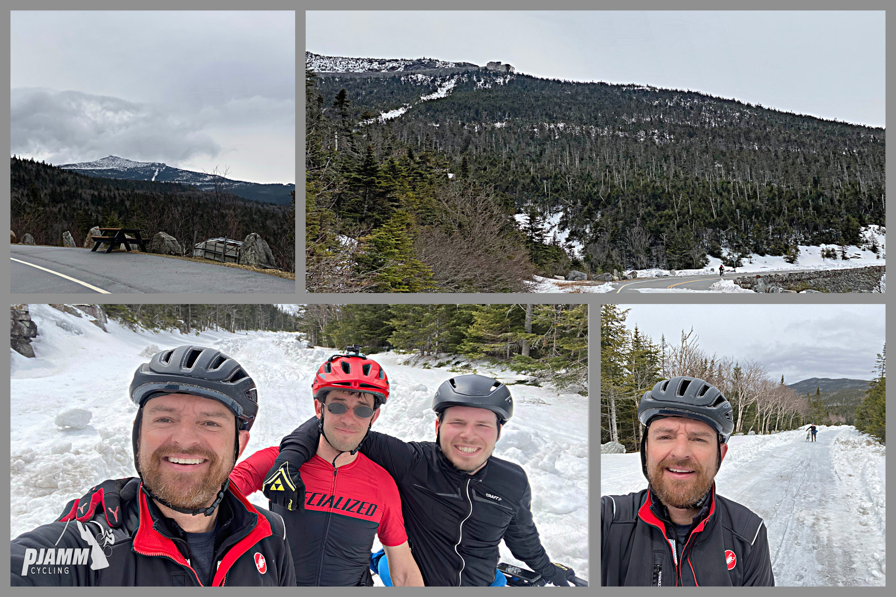 Cycling Whiteface Mountain, New York - photo collage, cyclists smiling in snow, PJAMM Cycling logo in corner
