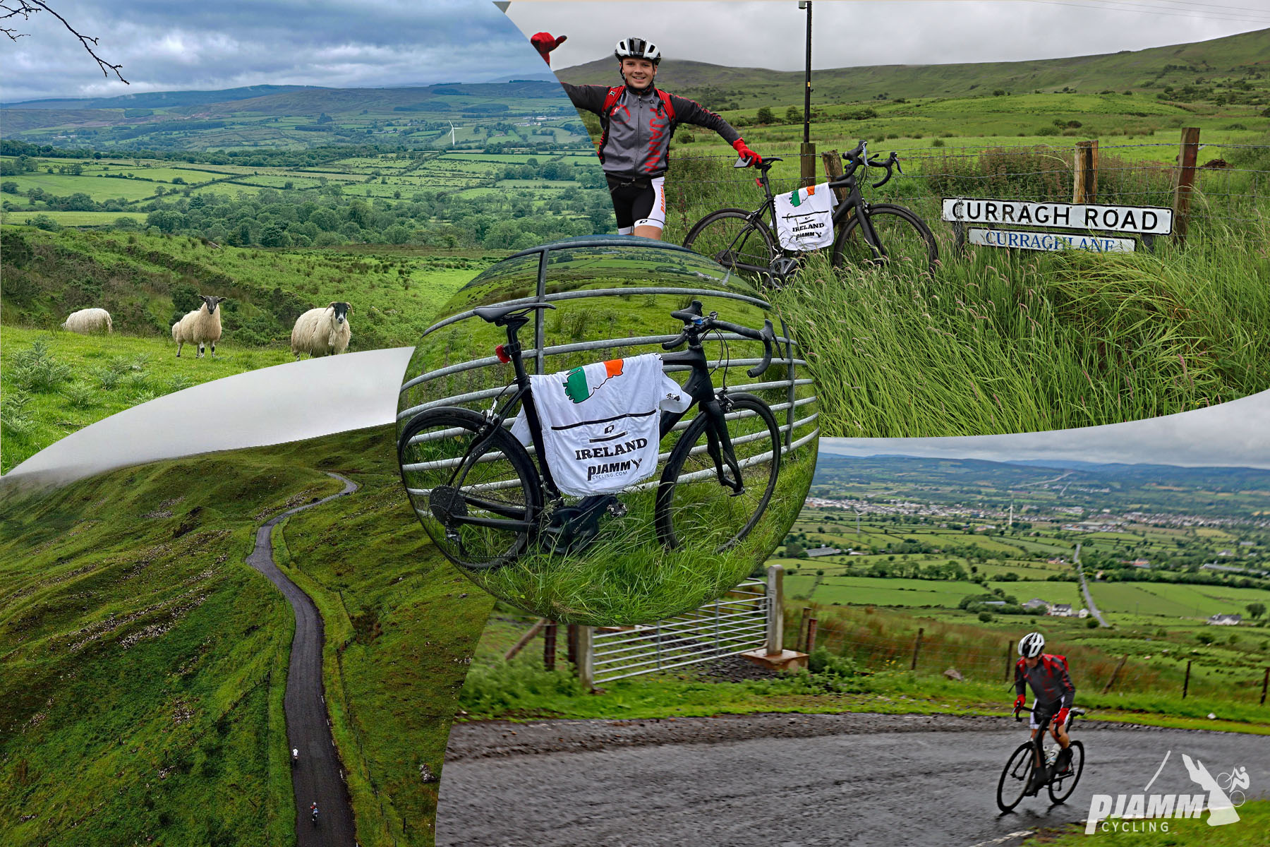 photo collage shows a lot of green views along the route; PJAMM Cyclist stands with bike in tall grass on roadside; sheep graze on hillside; road sign for Curragh Road