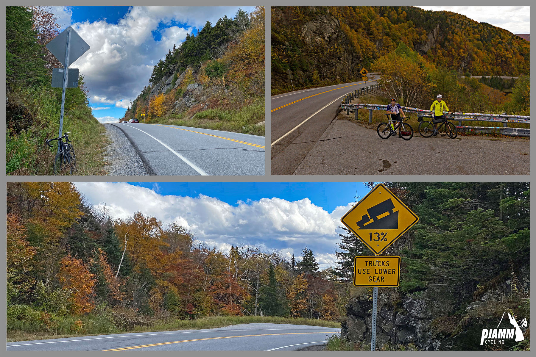Cycling Appalachian Gap East, Vermont - photo collage, bike parked on side of two-lane roadway, fall foliage, cyclists at climb's finish, road sign for 13% grade, PJAMM cycling logo in corner