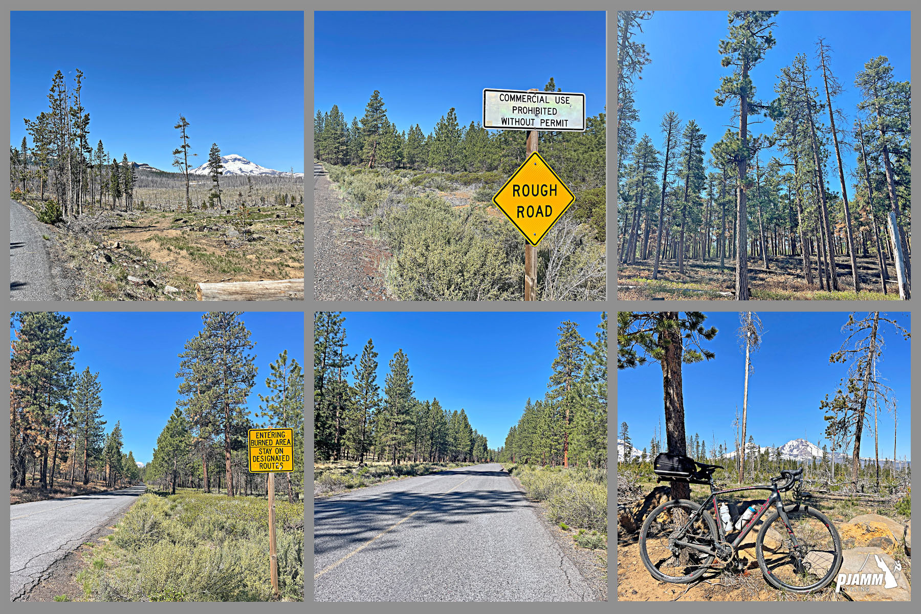 Views along the climb, including burned portions of forest and signs reading "Rough Road"