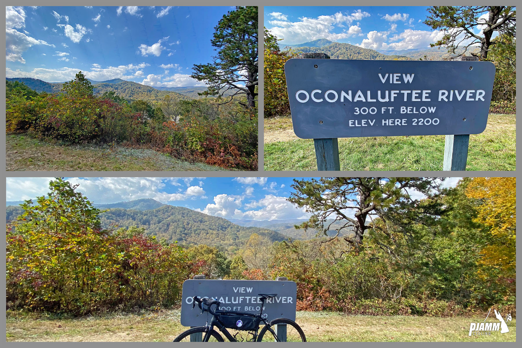 Cycling Blue Ridge Parkway -- Cherokee Hill - bike parked next to scenic overlook sign reading "View Oconaluftee River", panoramic views of hillside covered in fall foliage, bright blue sky