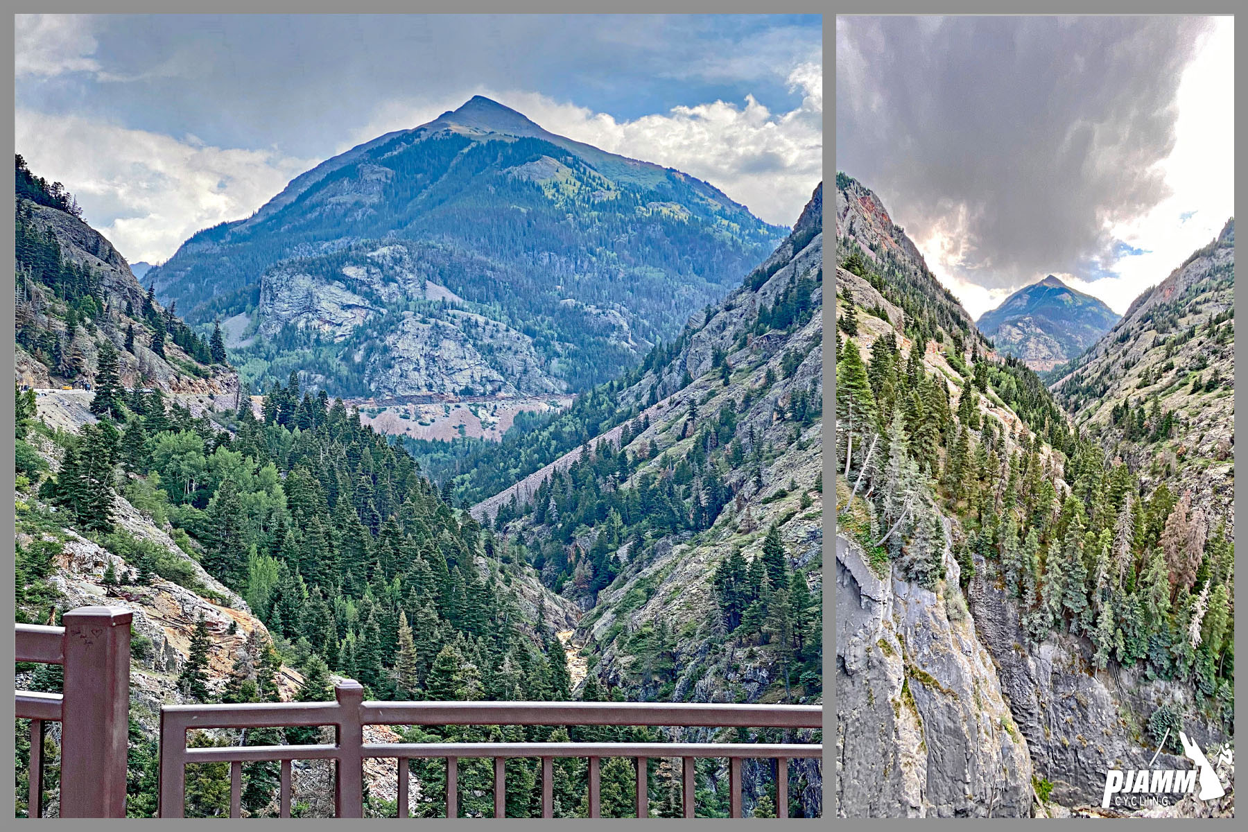 Cycling Red Mountain, Ouray, Colorado - PJAMM Cycling logo in corner, tall rugged mountain with dark clouds behind it