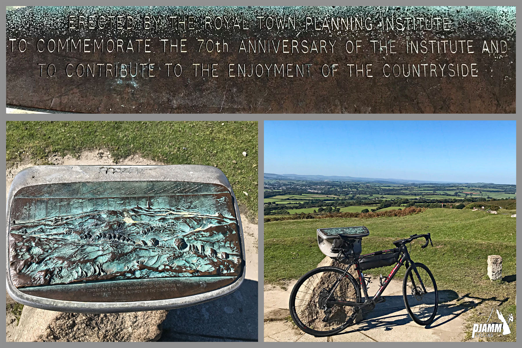 Cycling Rundlestone, England - photo collage, plaque with image of village commemorating the 70th anniversary of the institute, road bike parked next to plaque overlooking hillside, PJAMM Cycling logo in corner