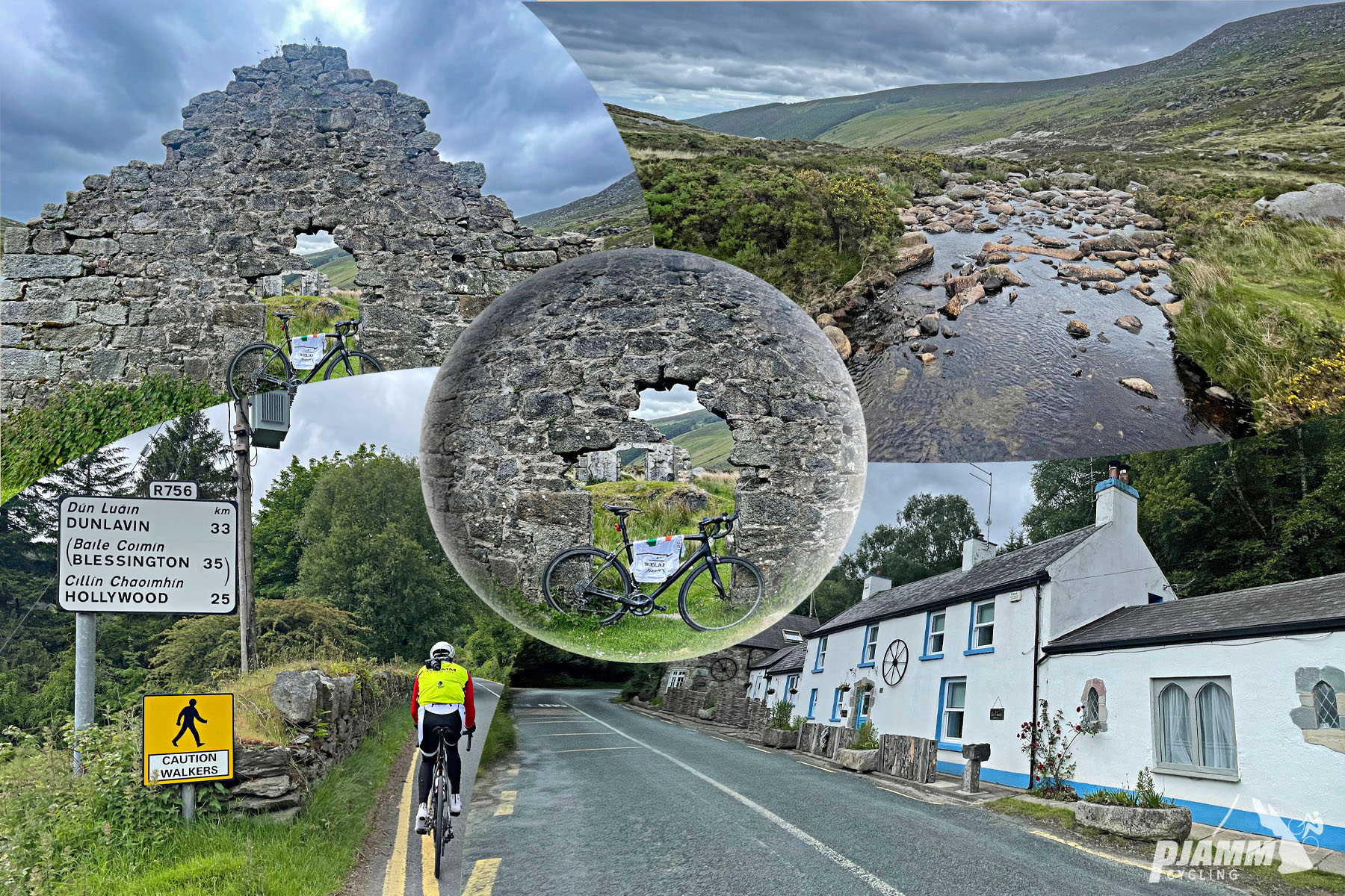 Cycling Wicklow Gap East, Ireland photo collage shows stone ruins, blue and white buildings in small Irish village, stream in green hillsides