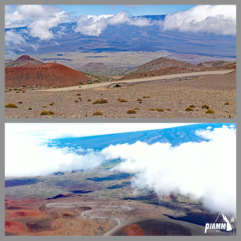 views of roadway snaking along Mauna Kea, and of mountain partially covered by clouds in distance