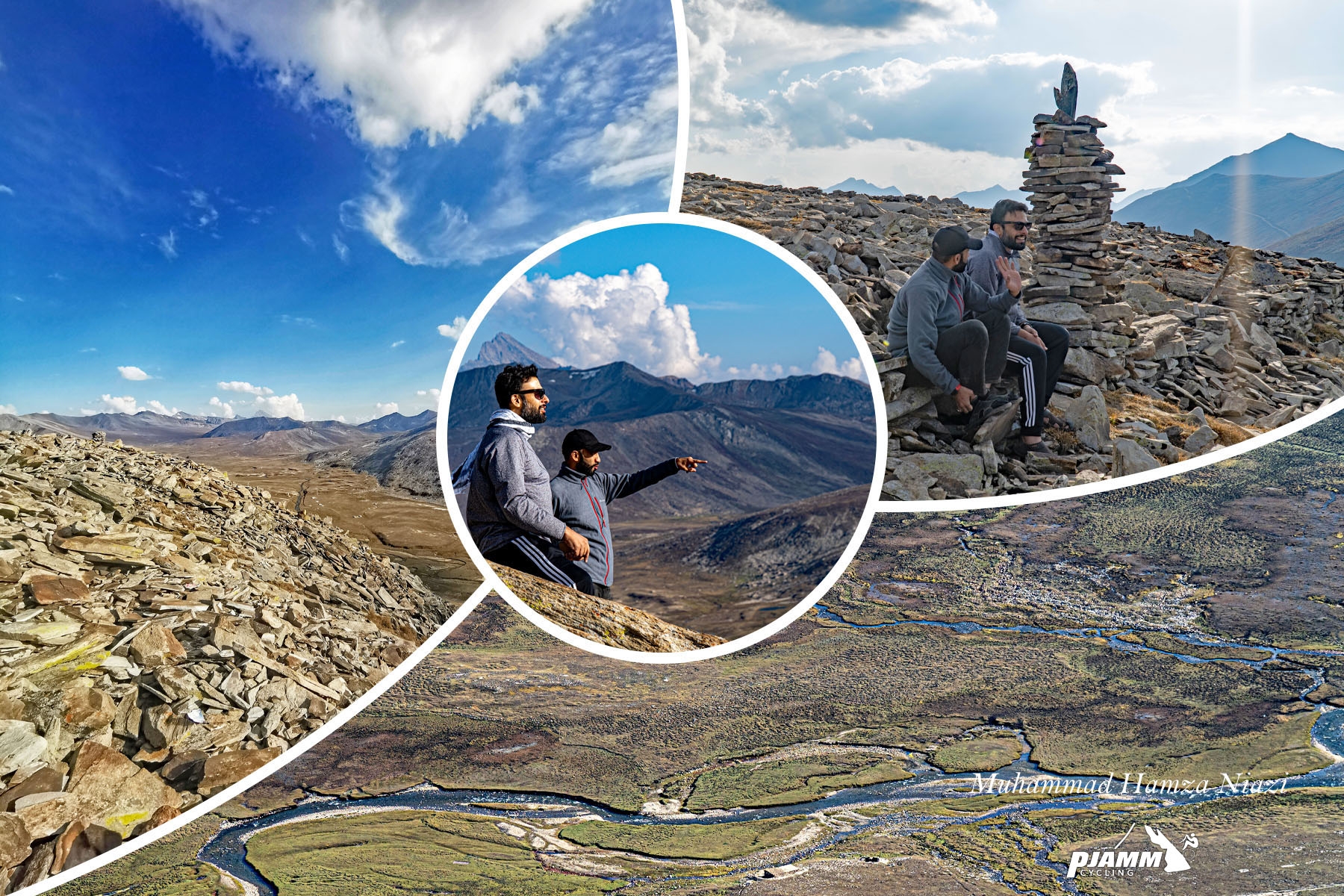 Chilas to Babusar, Pakistan - photo collage, PJAMM Cycling logo in corner, aerial view looking down over Babusar Pass, river and green space, hikers stand next to cairn 