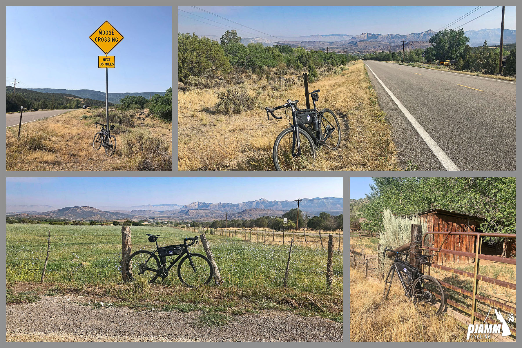 Cycling Grand Mesa North - photo collage, PJAMM Cycling logo in corner, bike parked at various points along first 4 miles of climb - against sign for Moose Crossing against a rustic fence near a pasture, against a rusted metal gate, and against a pole on the side of the road