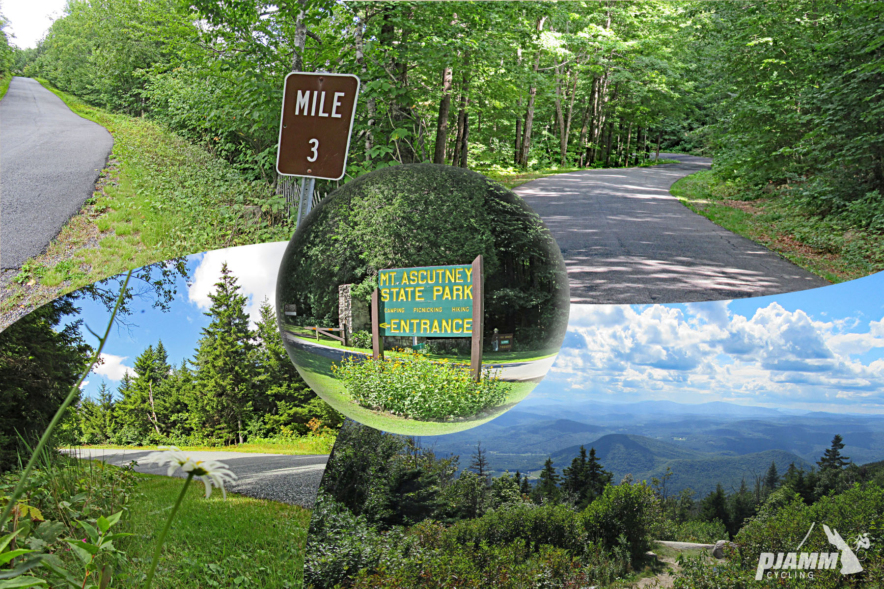 Cycling Mt. Ascutney, Vermont - photo collage, PJAMM Cycling logo in corner, mile marker 3 sign, green and yellow sign for Mt. Ascutney State Park Entrance, greenery along the roadway, view looking down of greenery and mountains
