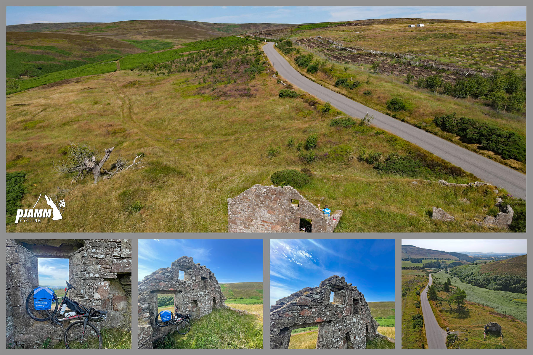 photo collage shows aerial drone view of the remains of an old Scottish cottage