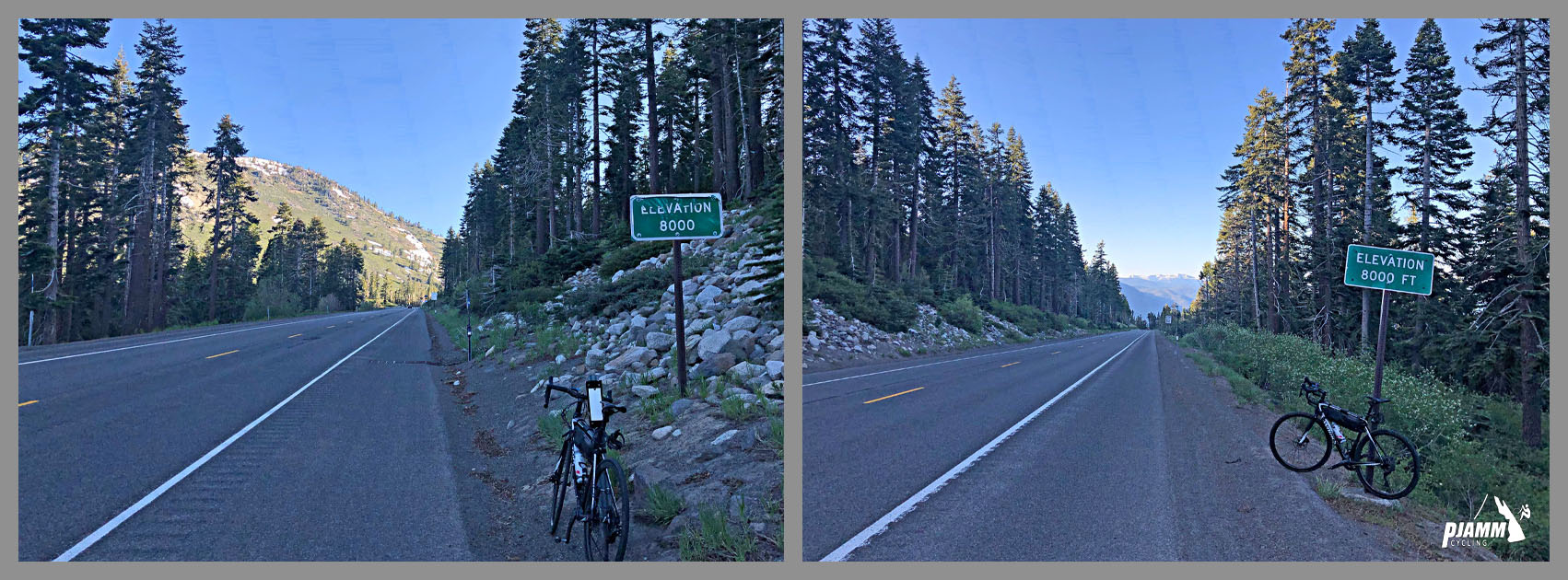 Cycling Mt. Rose from Incline Village (west; Lake Tahoe) - bike parked next to elevation sign for 8,000'