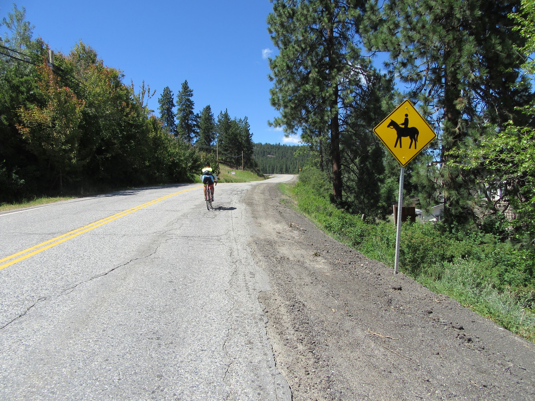 Biking Crystal Avenue - cyclist riding by horse sign