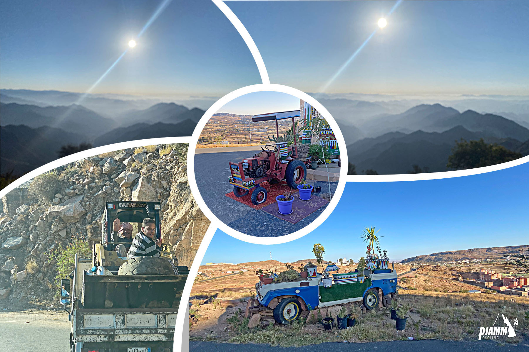 Cycling Rdom Pass, Asir Mountains - photo collage, sights along the last few miles toward the top of the climb, beautiful vistas overlooking Asir Mountain range, sun high in the sky, roadside brightly colored painted jeep and tractor displays with plants growing out of them, two people waive at cyclists from their tractor