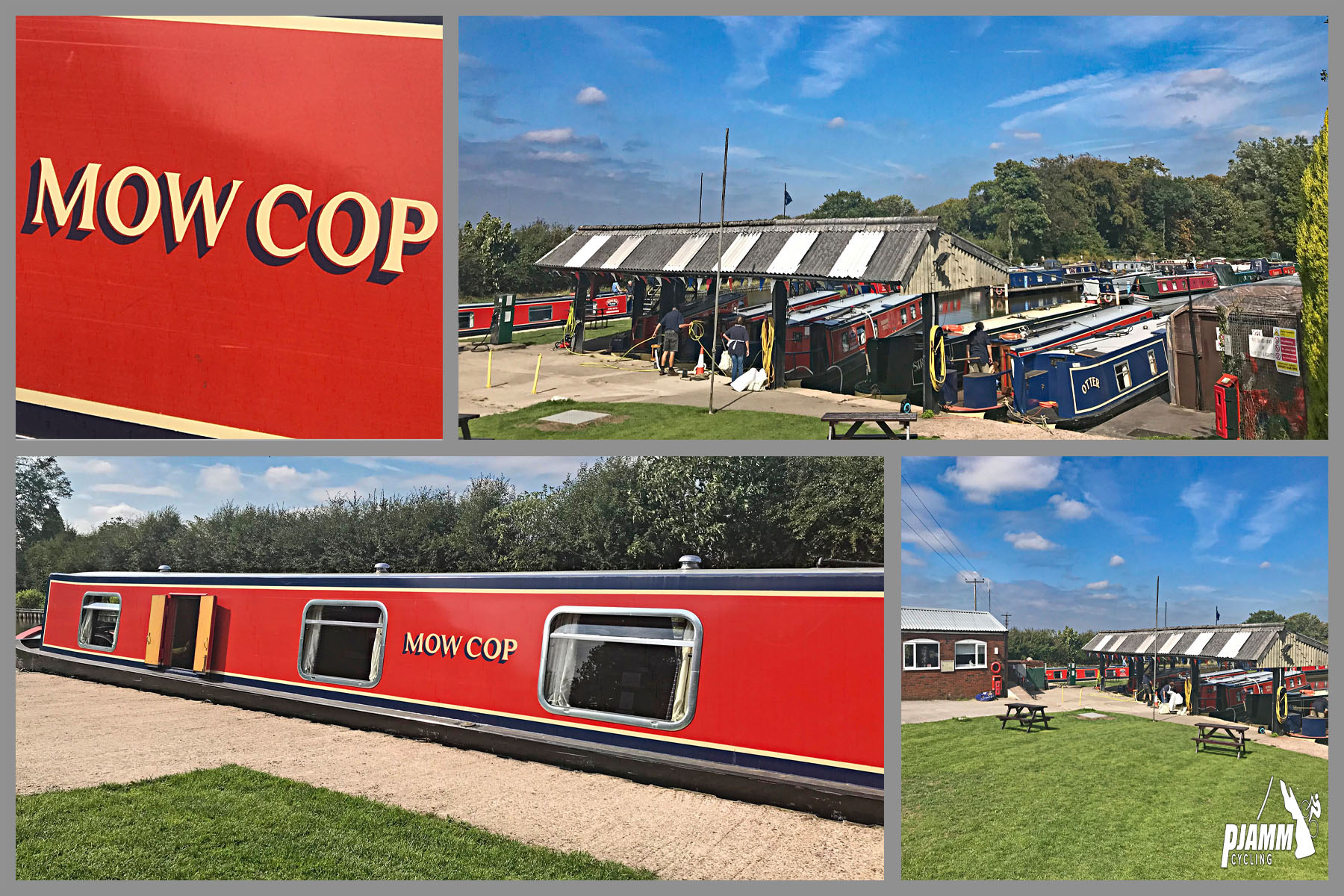 Cycling Mow Cop - PJAMM Cycling logo in corner, large red barge boat with "Mow Cop" printed along side, Mow Cop Marina