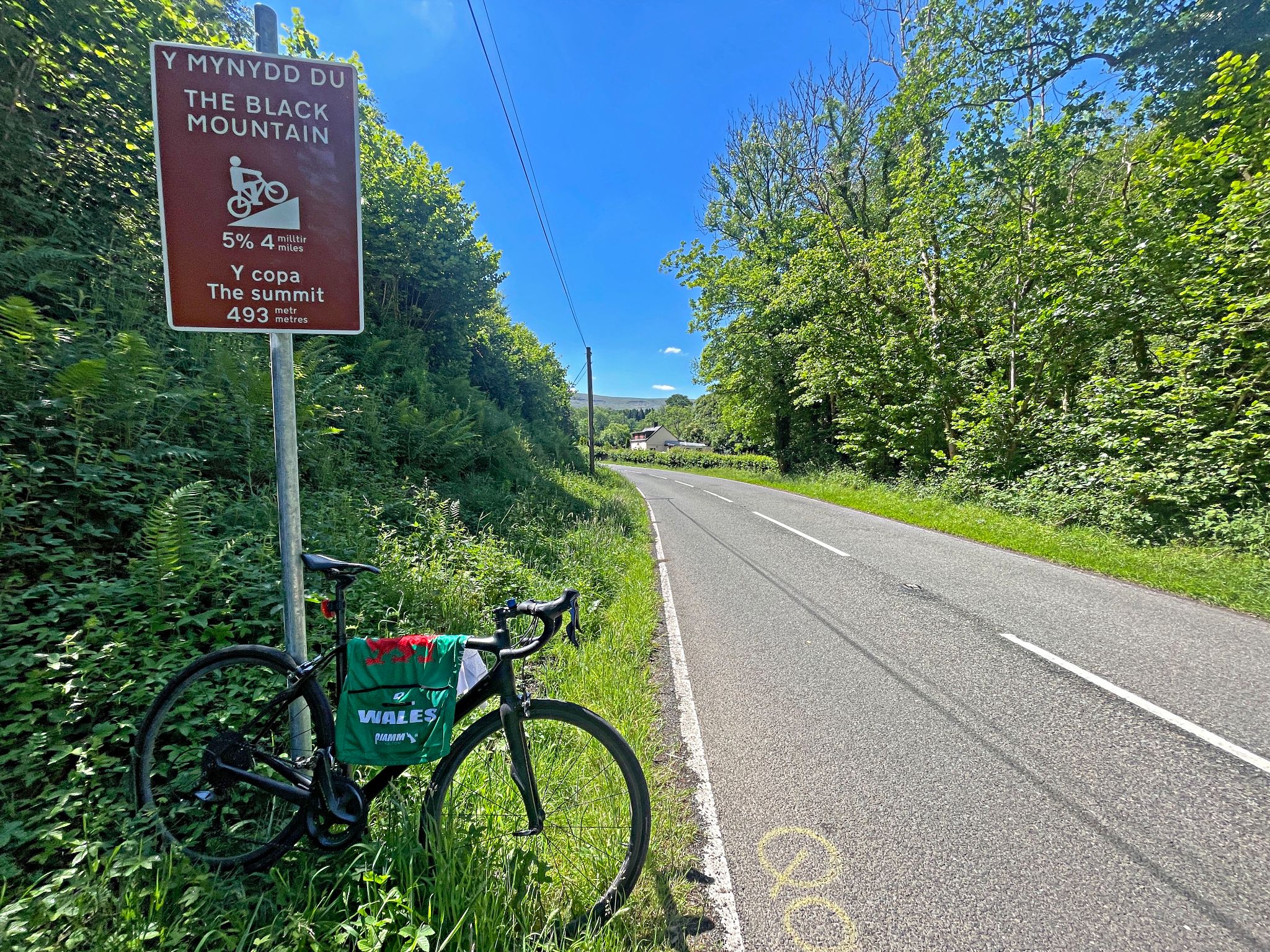 bike parked in greenery on road side, next to sign for The Black Mountain