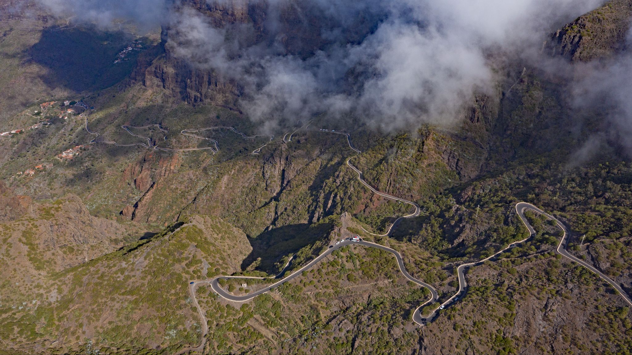 aerial drone view shows roadway on the Masca climb