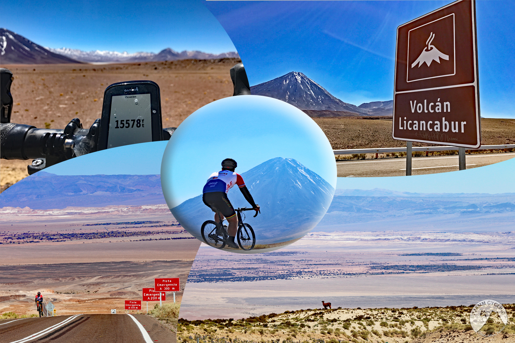Atacama - photo collage, PJAMM Cyclist rides in stark Chilean desert landscape, Garmin device reads 15578 feet of elevation