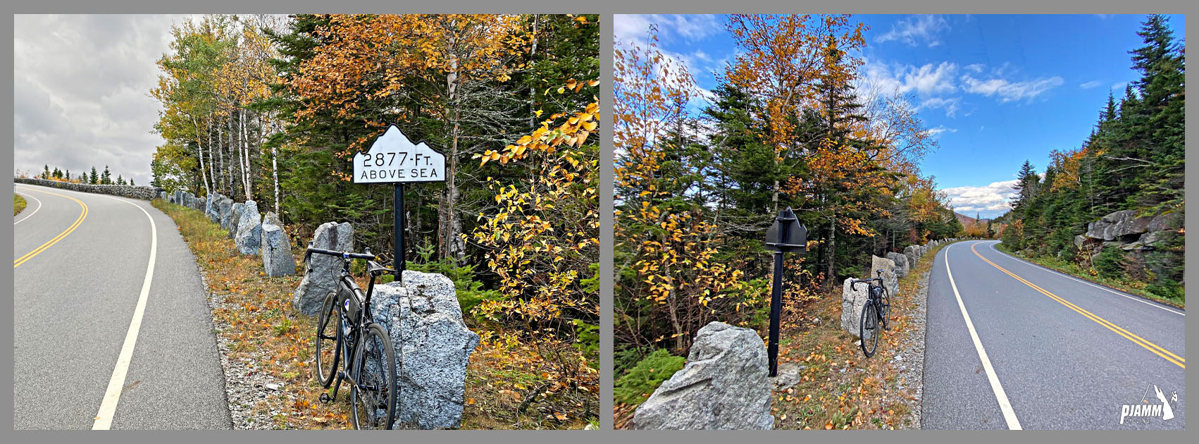 Cycling Whiteface Mountain, New York - bike parked along roadside next to white mountain shaped elevation marker sign, fall foliage