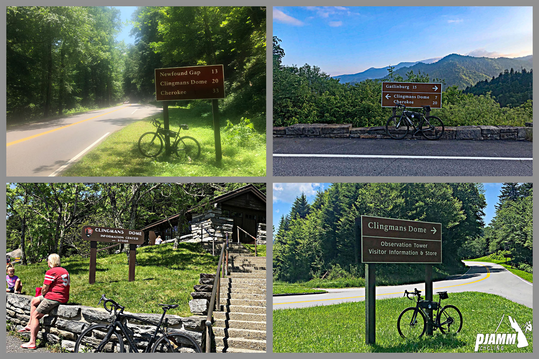 Cycling Clingmans Dome, Tennessee - photo collage, bike parked in front of various NPS signs throughout Great Smoky Mountains National Park, PJAMM Cycling logo in corner