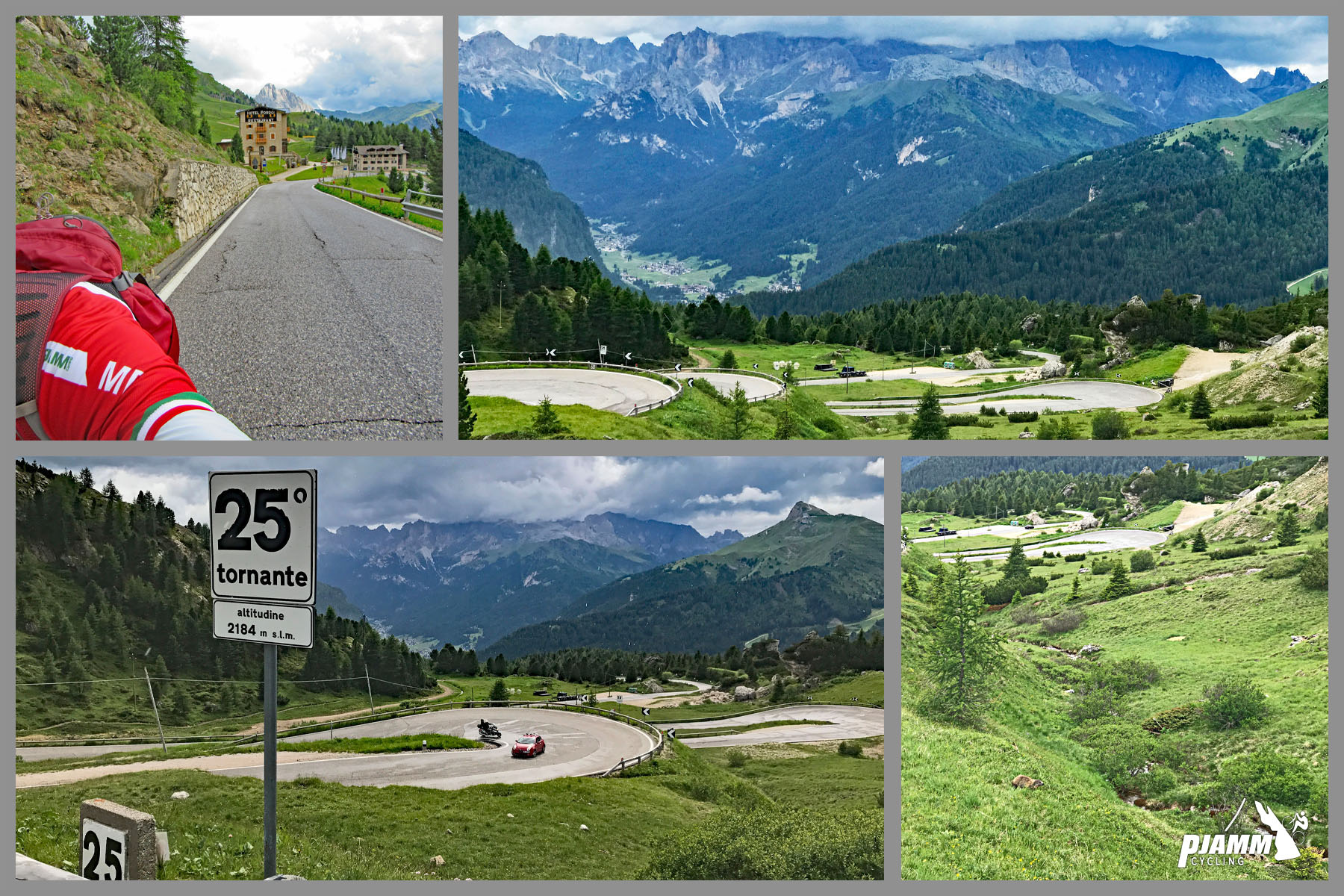 Cycling Passo Pordoi from Canazei - tornante can be seen nearing the climb finish