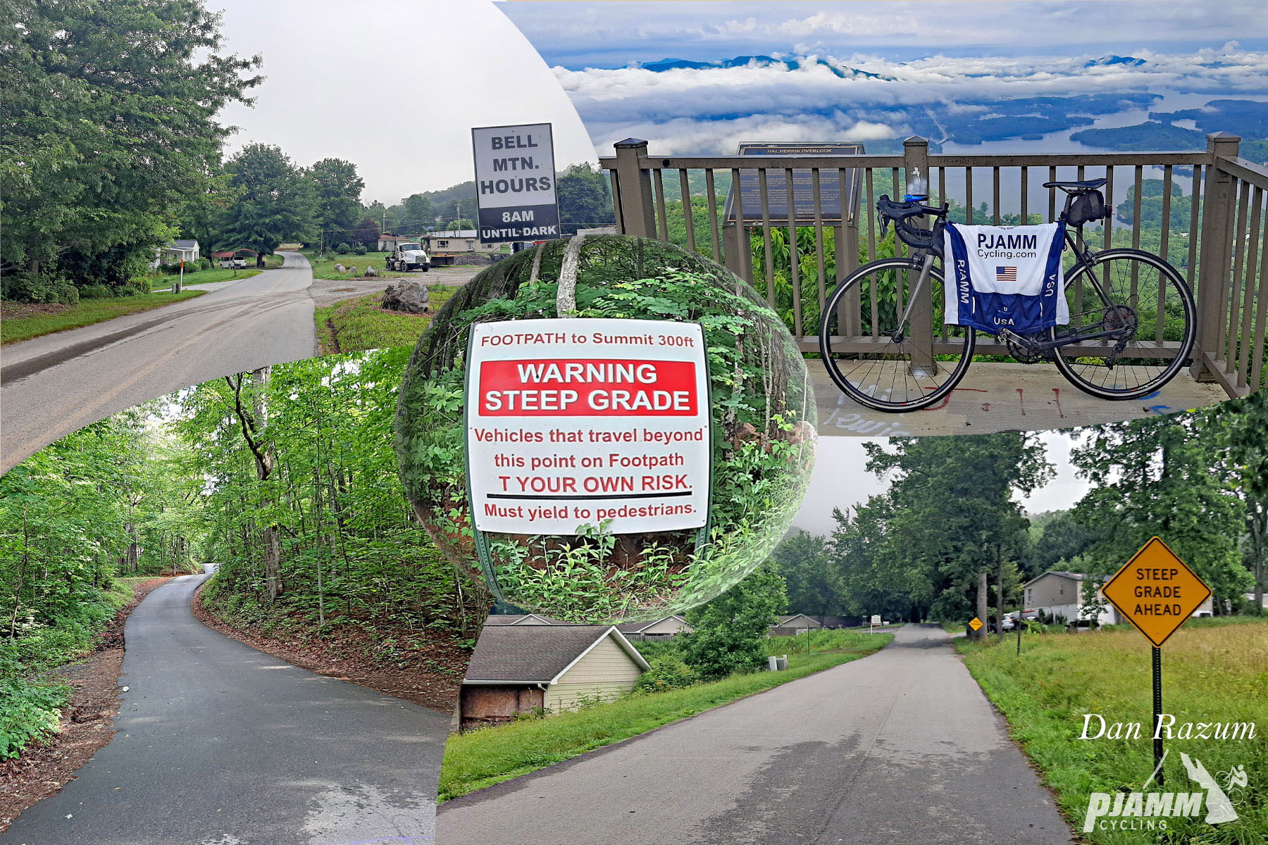 photo collage; warning signs for Steep Grade