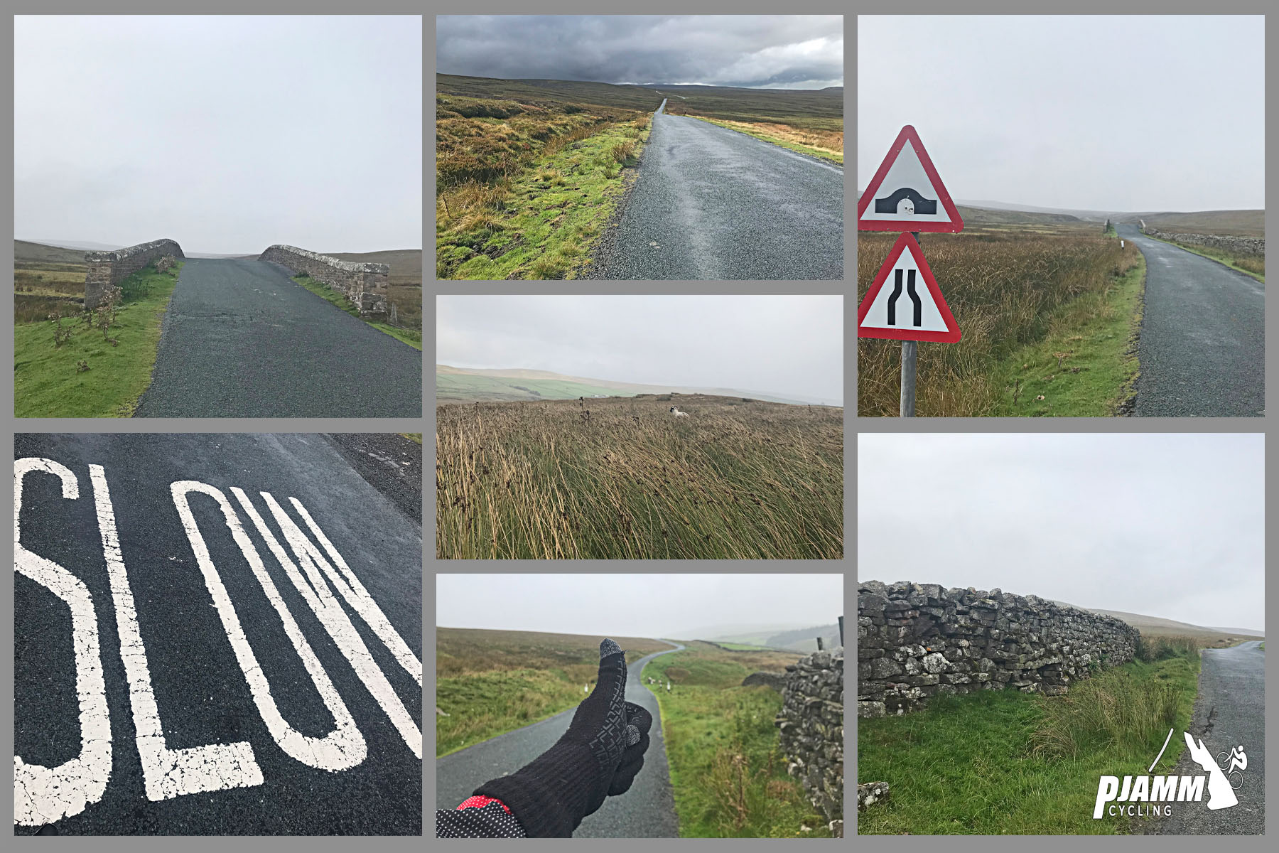 Cycling Tan Hill, UK - photo collage, PJAMM Cycling logo in corner, stretches of narrow, straight road stretching through wide open pastureland, large printed SLOW on roadway, gloved hand giving a thumbs up to one portion of roadway, low stone fence lining road, brownish green tall grasses in pastureland, 